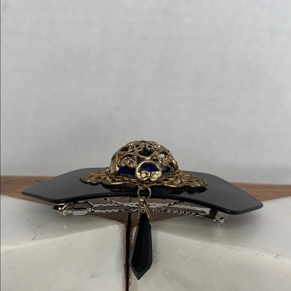 Estate Victorian-Inspired Black, Gold, & Sapphire Filigree Barrette lot M17